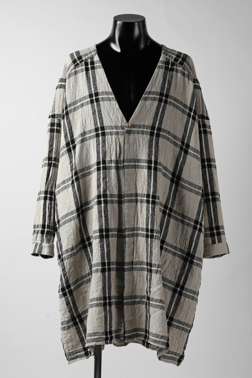 画像をギャラリービューアに読み込む, _vital collarless shirt-cardigan / linen-Plaid (BLACK x BEIGE)