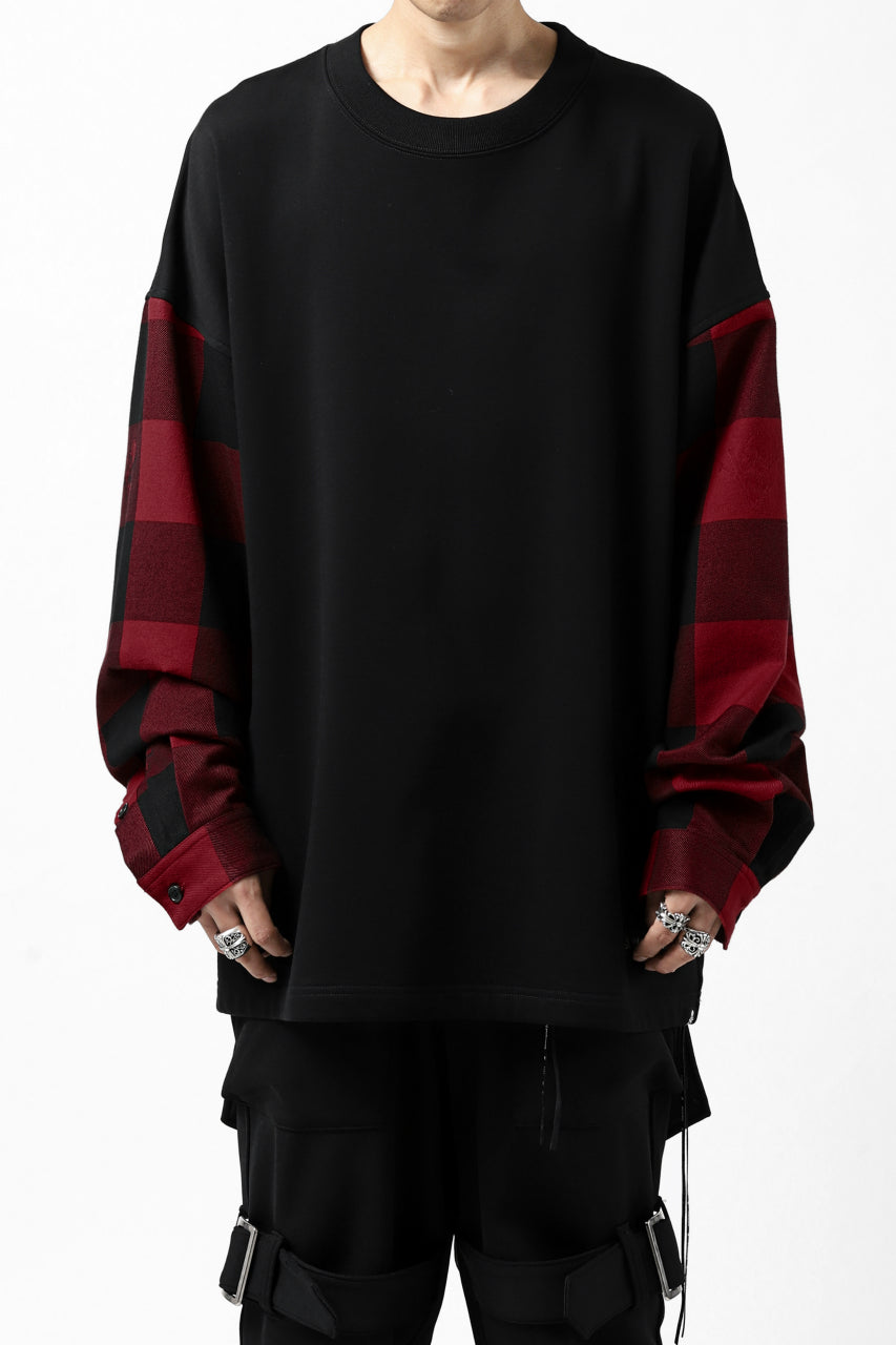 Load image into Gallery viewer, mastermind JAPAN COMBI PULLOVER TOPS / CHECK SHIRT SLEEVE (BLACK x RED)