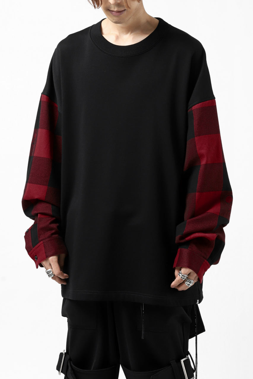 Load image into Gallery viewer, mastermind JAPAN COMBI PULLOVER TOPS / CHECK SHIRT SLEEVE (BLACK x RED)