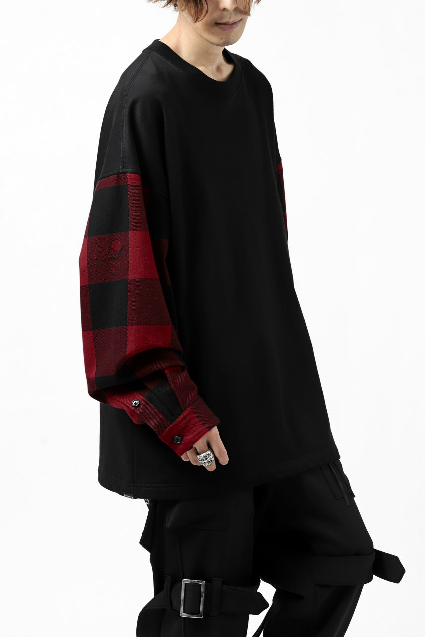 Load image into Gallery viewer, mastermind JAPAN COMBI PULLOVER TOPS / CHECK SHIRT SLEEVE (BLACK x RED)