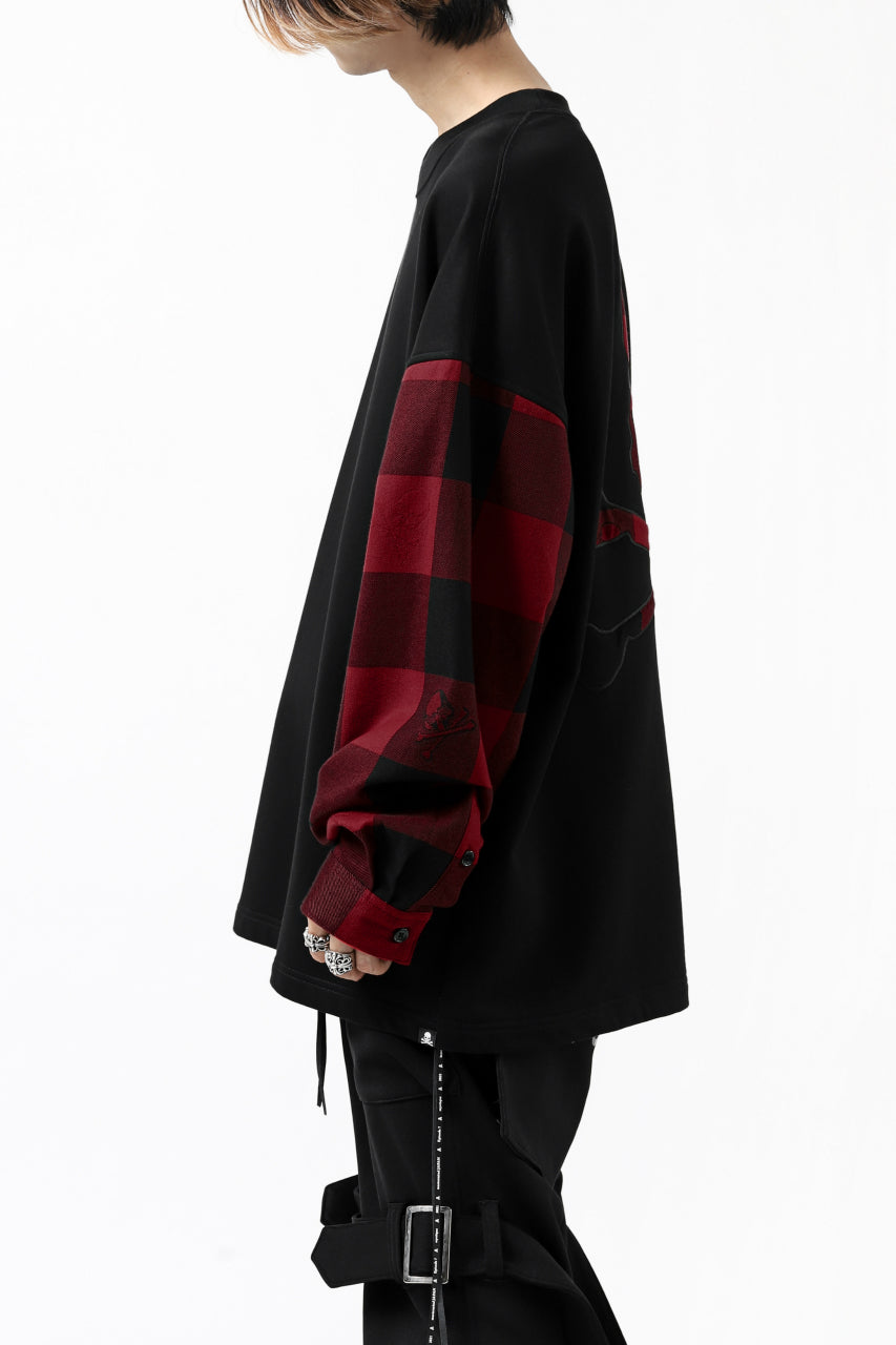 Load image into Gallery viewer, mastermind JAPAN COMBI PULLOVER TOPS / CHECK SHIRT SLEEVE (BLACK x RED)