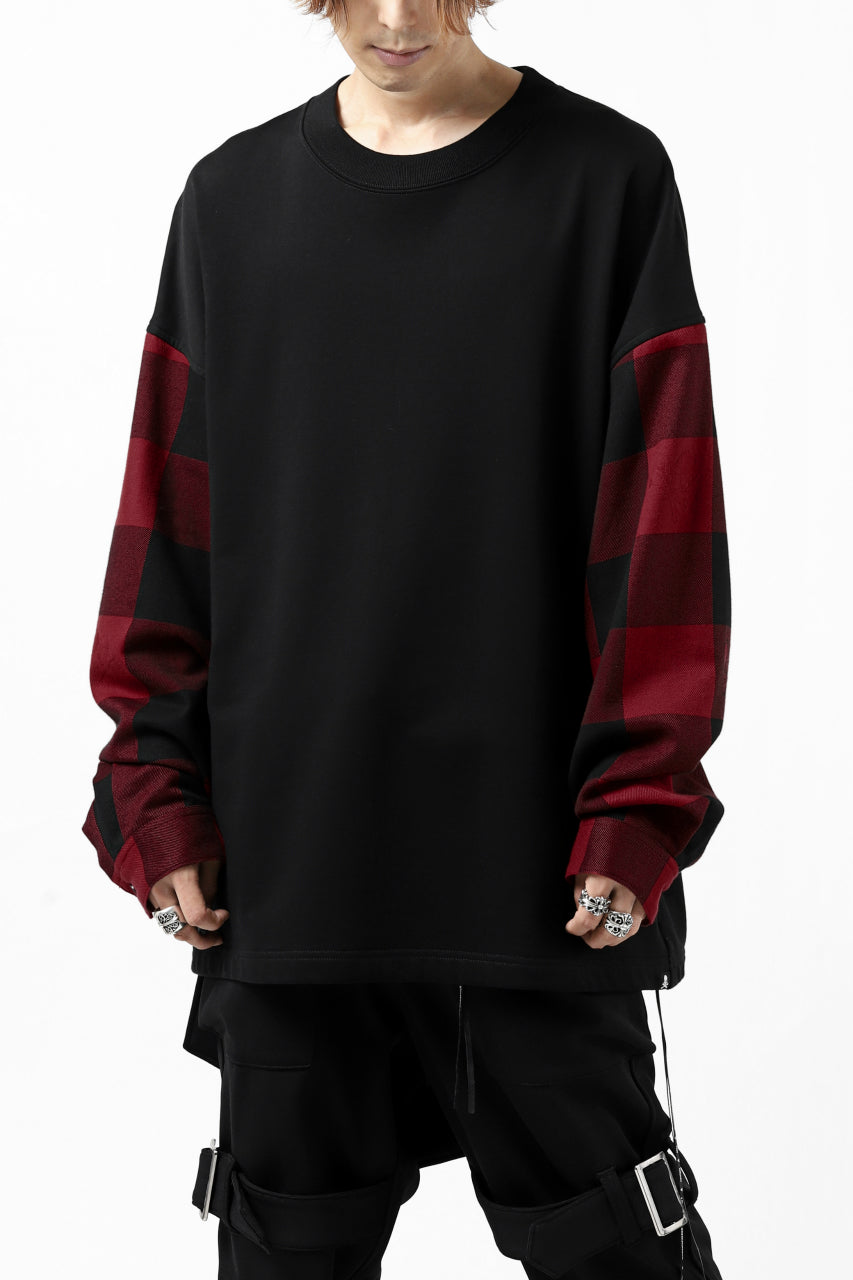 Load image into Gallery viewer, mastermind JAPAN COMBI PULLOVER TOPS / CHECK SHIRT SLEEVE (BLACK x RED)