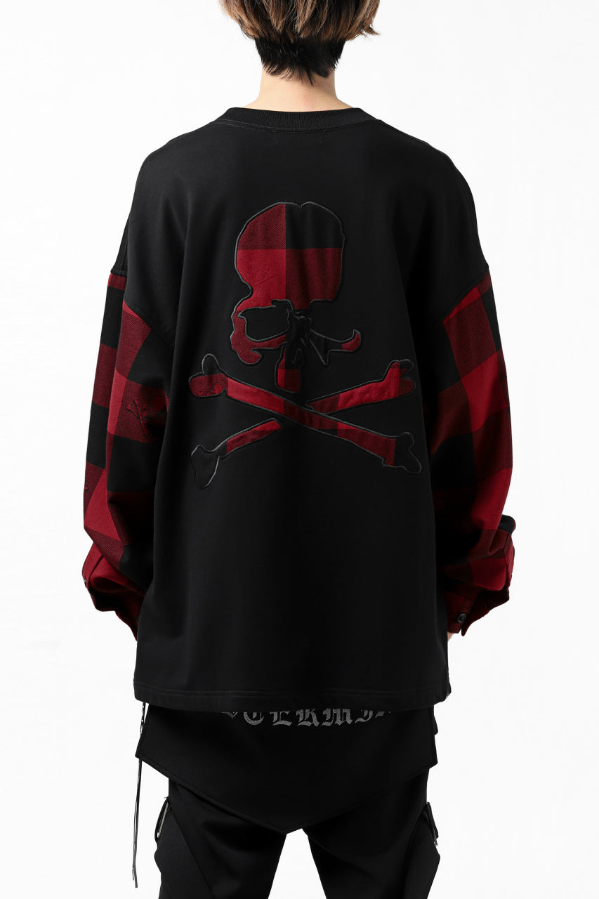 Load image into Gallery viewer, mastermind JAPAN COMBI PULLOVER TOPS / CHECK SHIRT SLEEVE (BLACK x RED)