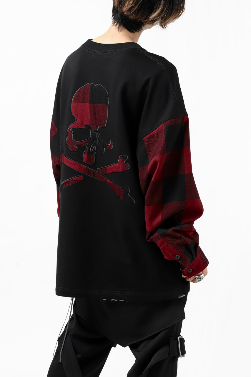 Load image into Gallery viewer, mastermind JAPAN COMBI PULLOVER TOPS / CHECK SHIRT SLEEVE (BLACK x RED)