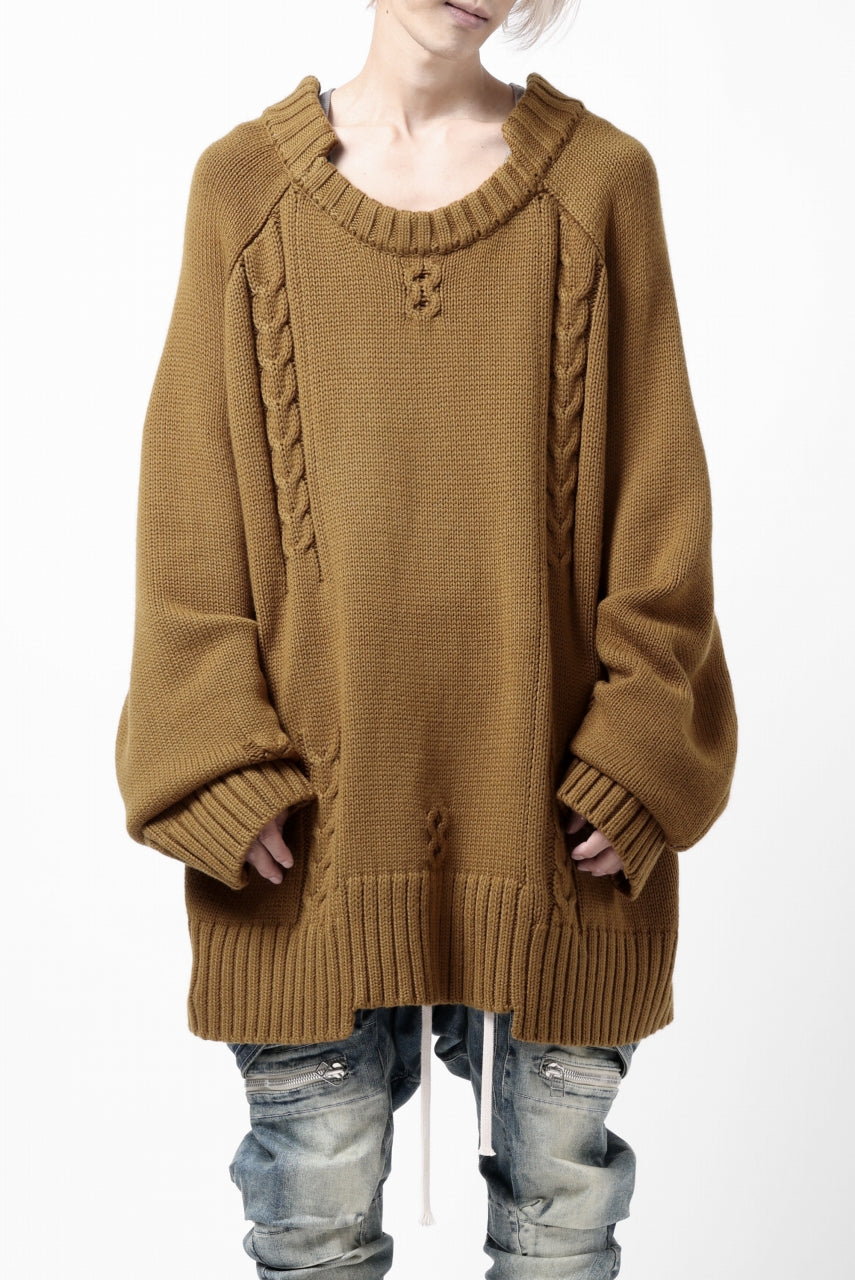 画像をギャラリービューアに読み込む, A.F ARTEFACT LOWGAUGE CABLE KNIT PULLOVER IRREGULAR-HEM (MUSTARD)