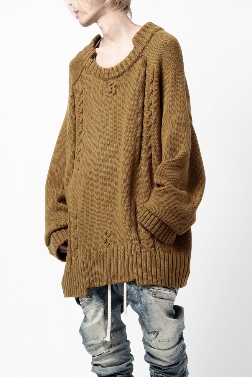 画像をギャラリービューアに読み込む, A.F ARTEFACT LOWGAUGE CABLE KNIT PULLOVER IRREGULAR-HEM (MUSTARD)