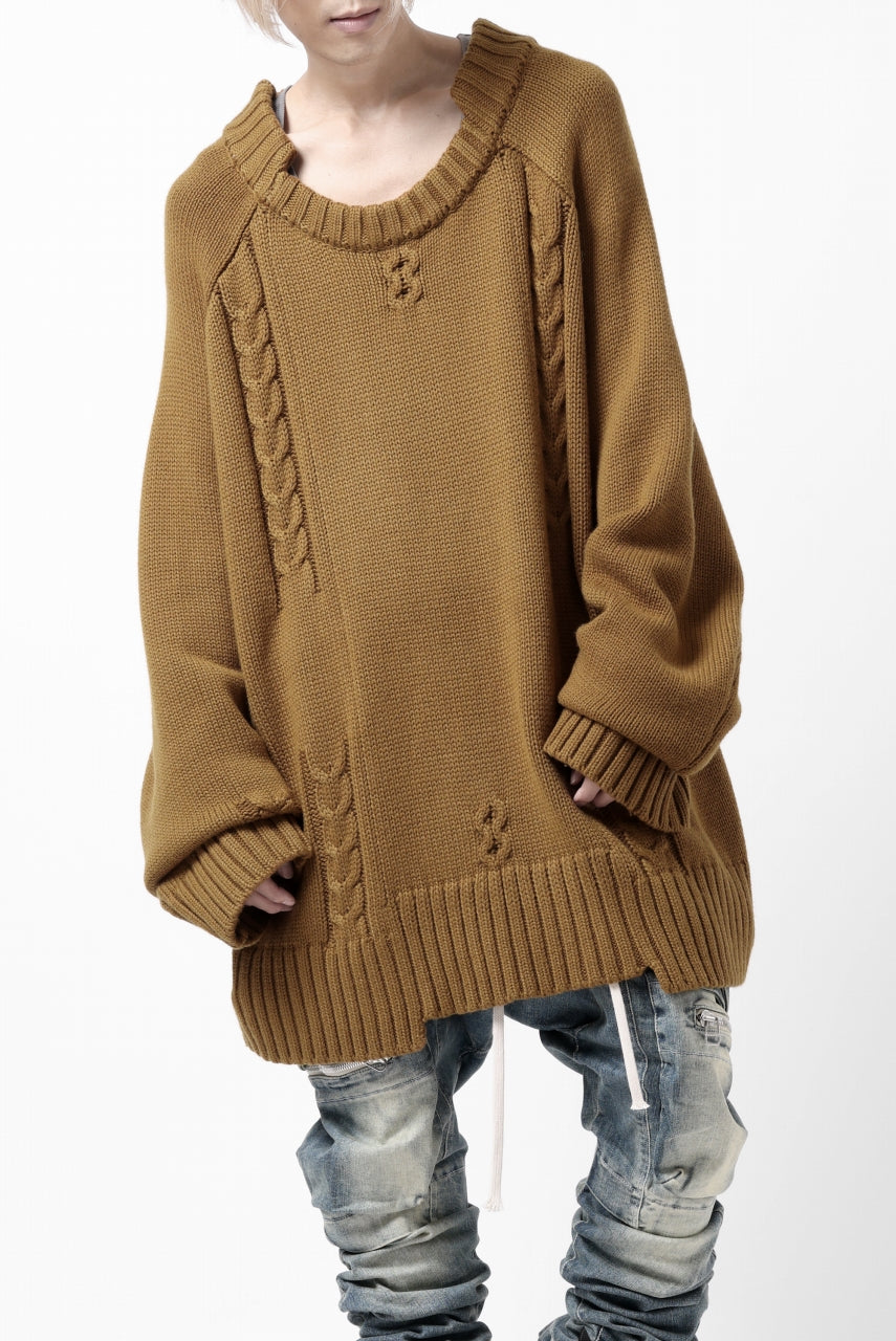 画像をギャラリービューアに読み込む, A.F ARTEFACT LOWGAUGE CABLE KNIT PULLOVER IRREGULAR-HEM (MUSTARD)