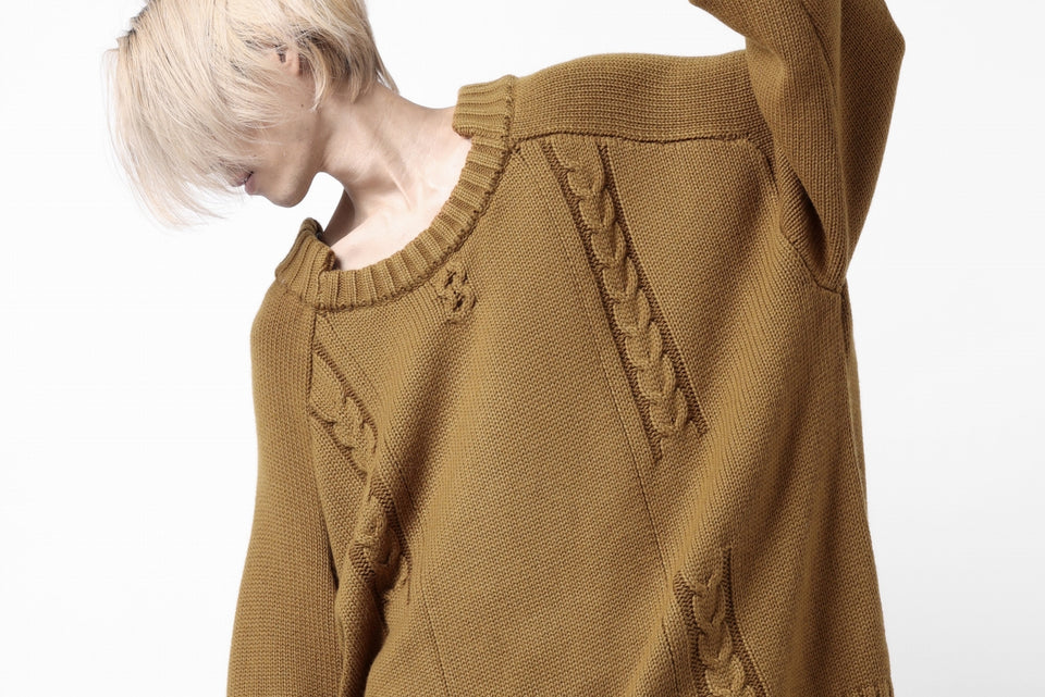 画像をギャラリービューアに読み込む, A.F ARTEFACT LOWGAUGE CABLE KNIT PULLOVER IRREGULAR-HEM (MUSTARD)
