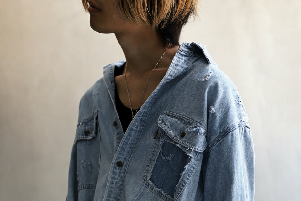 Load image into Gallery viewer, RESURRECTION HANDMADE vintage damage denim shirt (LIGHT BLUE)