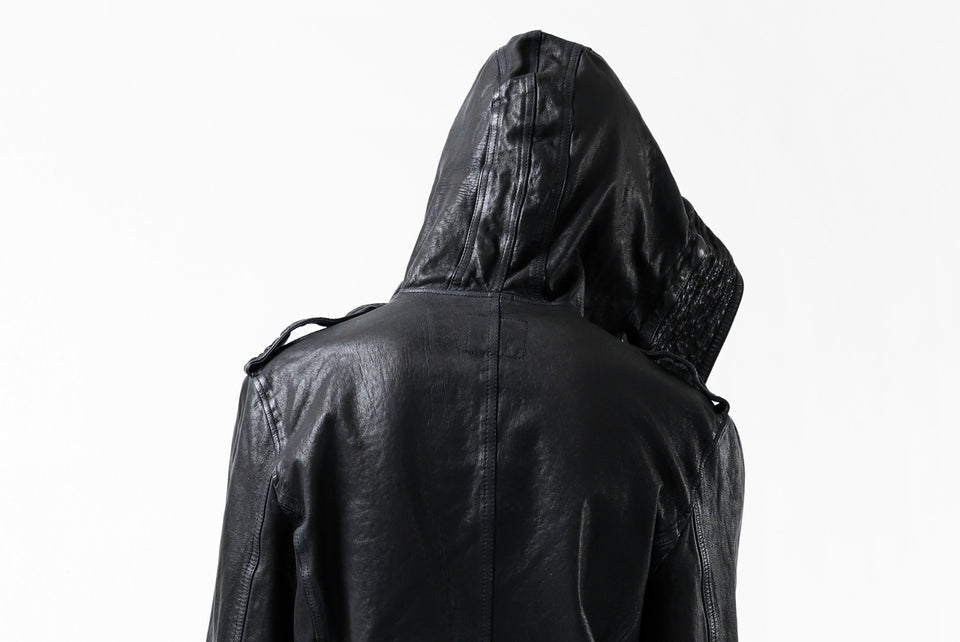 Load image into Gallery viewer, ISAMU KATAYAMA BACKLASH MODS COAT / GOAT LEATHER (GARMENT + SPRAY DYED BLACK)