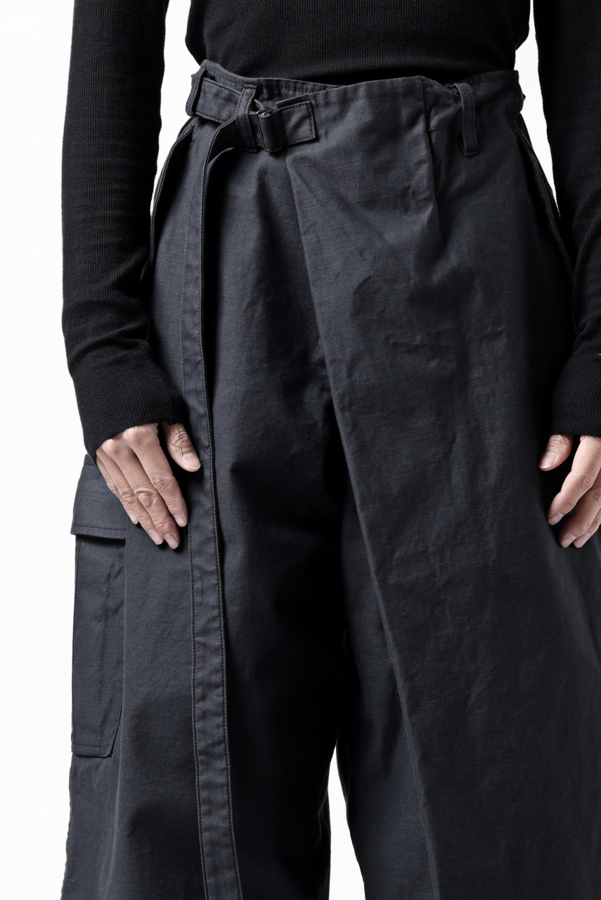 画像をギャラリービューアに読み込む, Y's WRAP WAIST PANTS ARMY-DETAIL / BACK SATIN VULCANIZATION COTTON (BLACK)