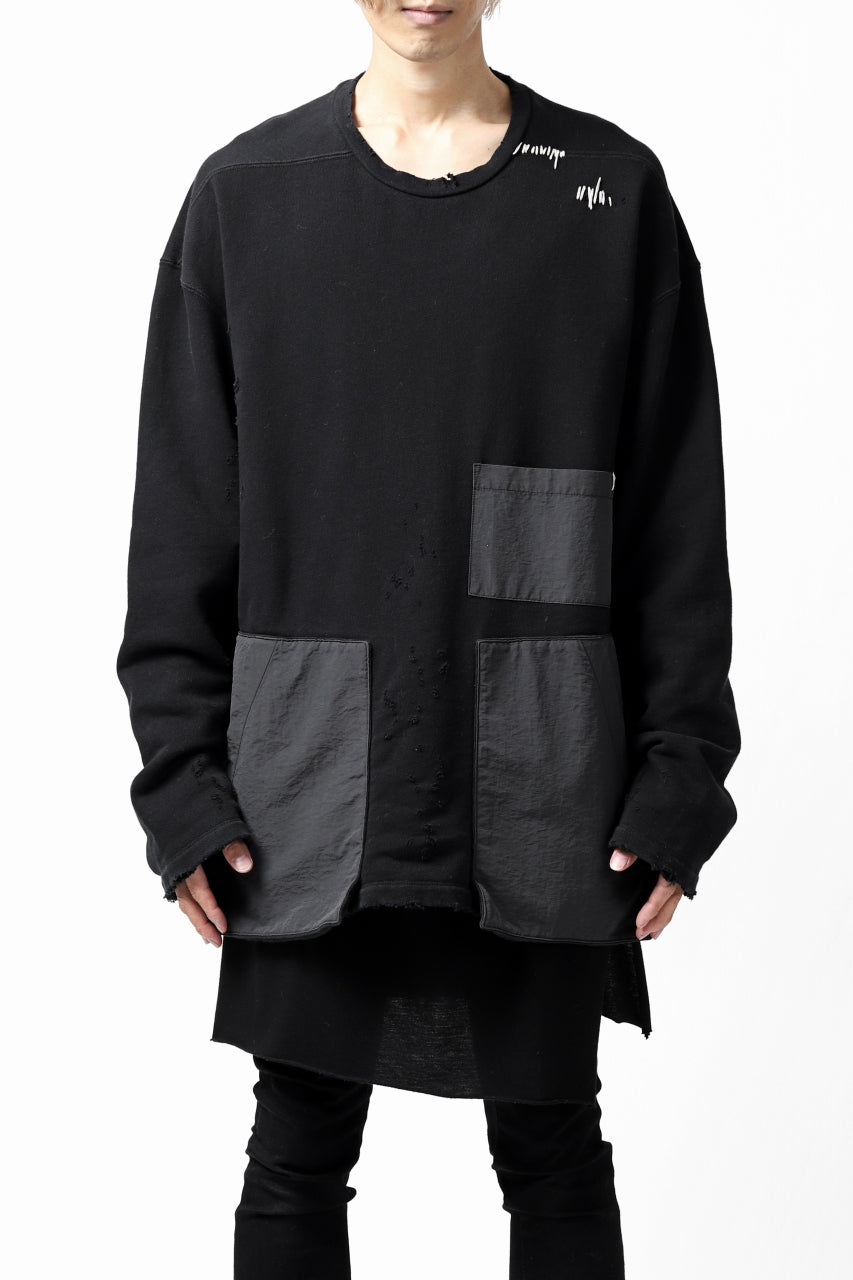画像をギャラリービューアに読み込む, A.F ARTEFACT "FRAYED plus" DAMAGE COMBINATION SWEATER TOPS (BLACK)