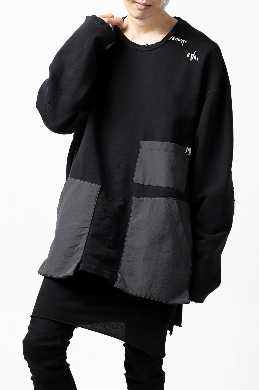 画像をギャラリービューアに読み込む, A.F ARTEFACT "FRAYED plus" DAMAGE COMBINATION SWEATER TOPS (BLACK)
