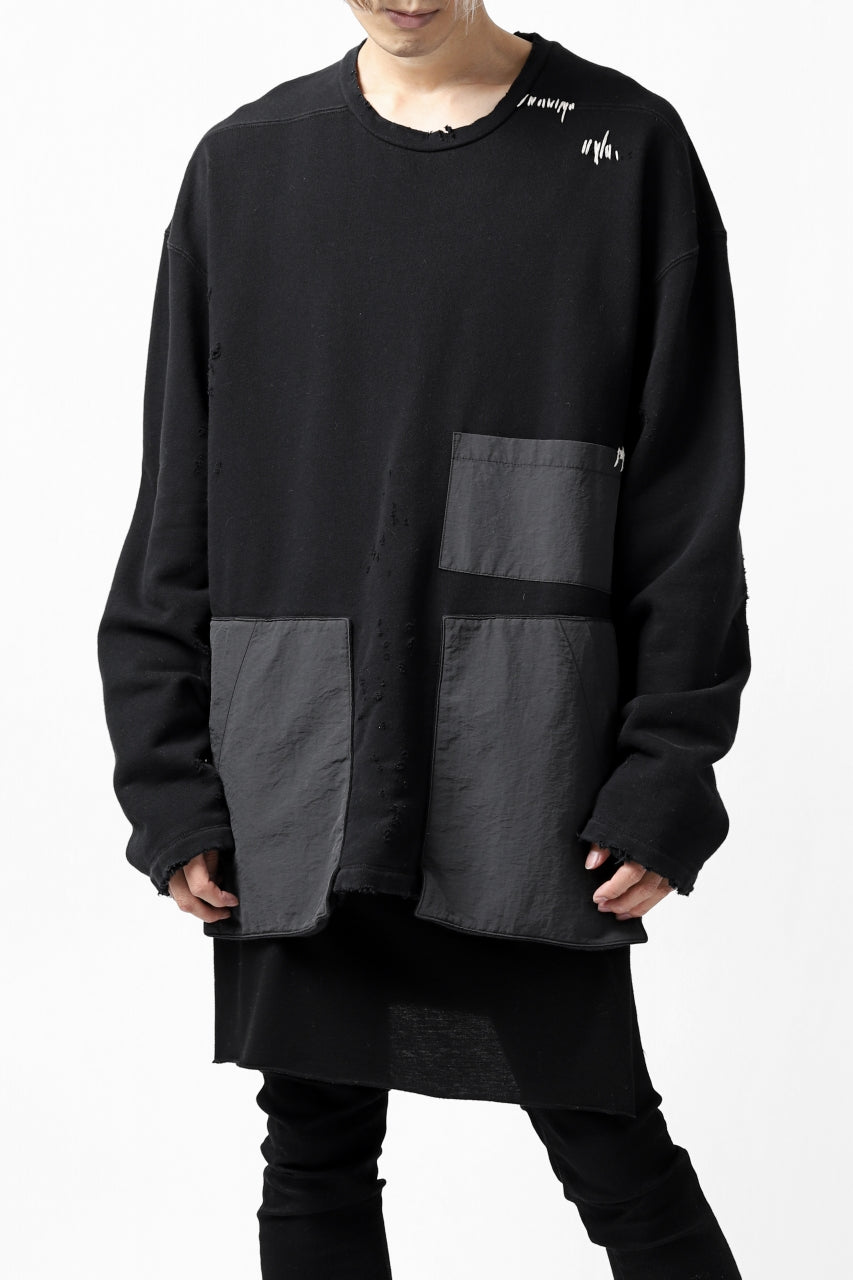 画像をギャラリービューアに読み込む, A.F ARTEFACT "FRAYED plus" DAMAGE COMBINATION SWEATER TOPS (BLACK)