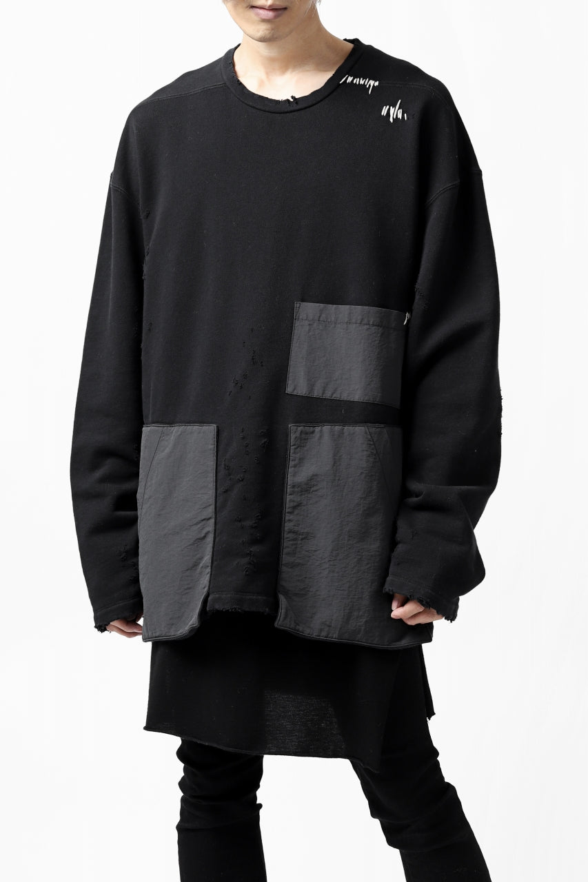 画像をギャラリービューアに読み込む, A.F ARTEFACT "FRAYED plus" DAMAGE COMBINATION SWEATER TOPS (BLACK)