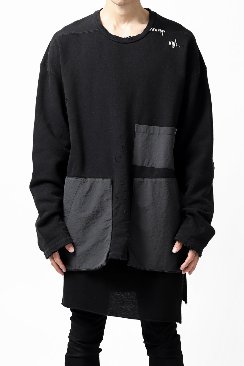 画像をギャラリービューアに読み込む, A.F ARTEFACT "FRAYED plus" DAMAGE COMBINATION SWEATER TOPS (BLACK)