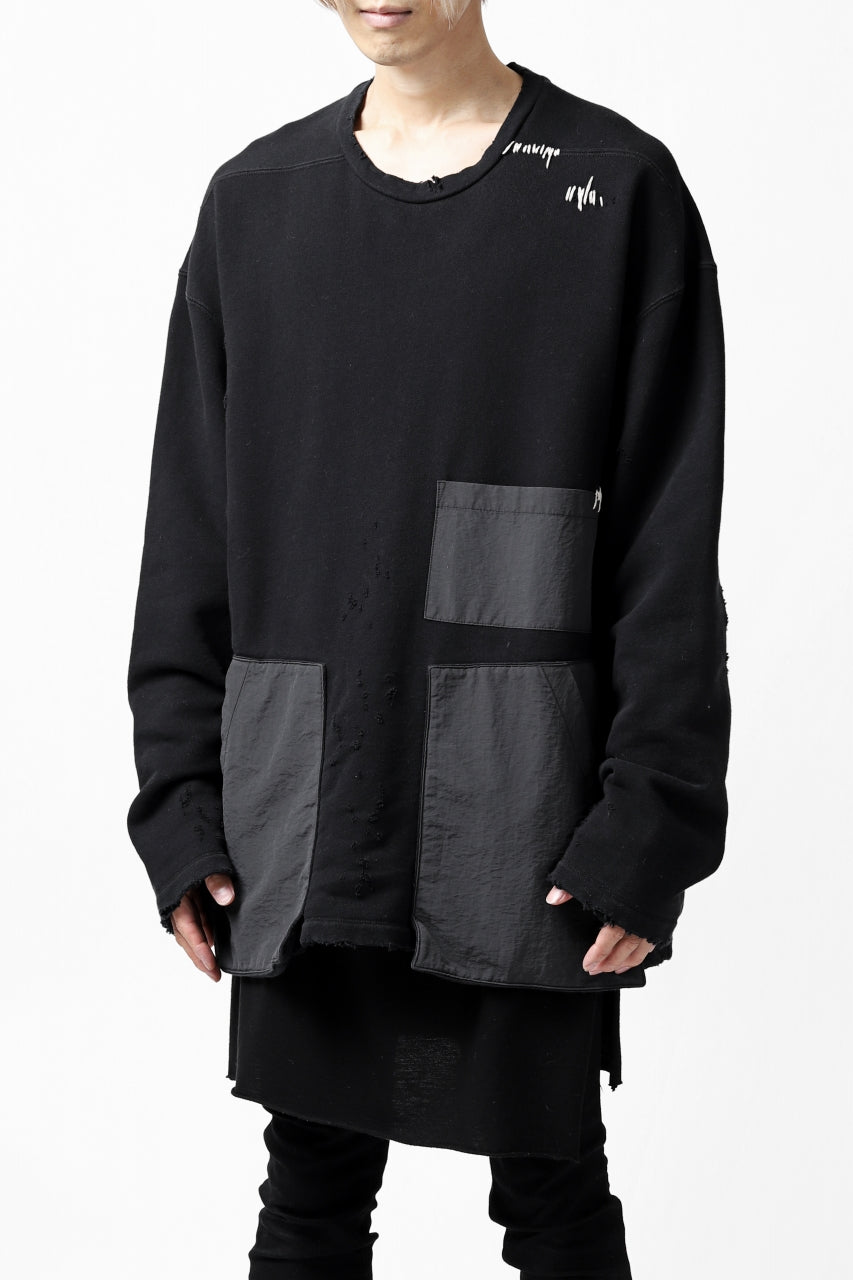 画像をギャラリービューアに読み込む, A.F ARTEFACT "FRAYED plus" DAMAGE COMBINATION SWEATER TOPS (BLACK)