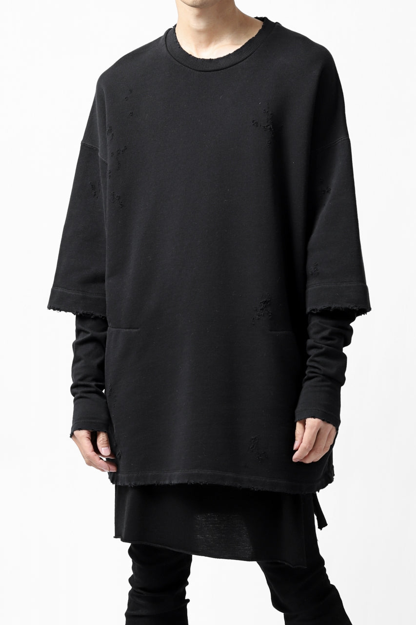 画像をギャラリービューアに読み込む, A.F ARTEFACT "FRAYED" DAMAGE LAYERED SWEATER TOPS (BLACK)