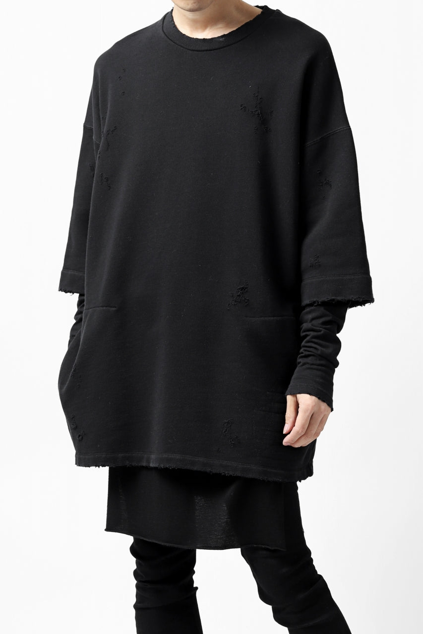 画像をギャラリービューアに読み込む, A.F ARTEFACT "FRAYED" DAMAGE LAYERED SWEATER TOPS (BLACK)