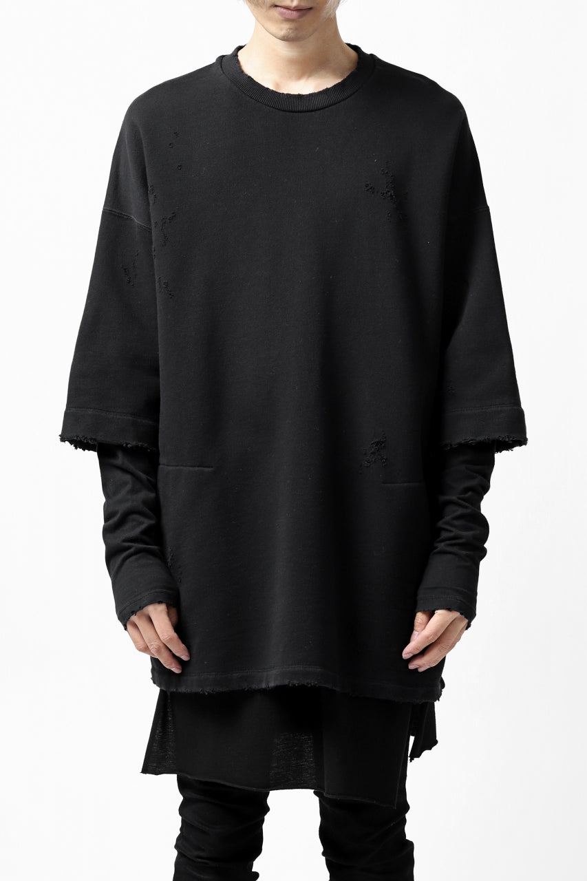 画像をギャラリービューアに読み込む, A.F ARTEFACT "FRAYED" DAMAGE LAYERED SWEATER TOPS (BLACK)