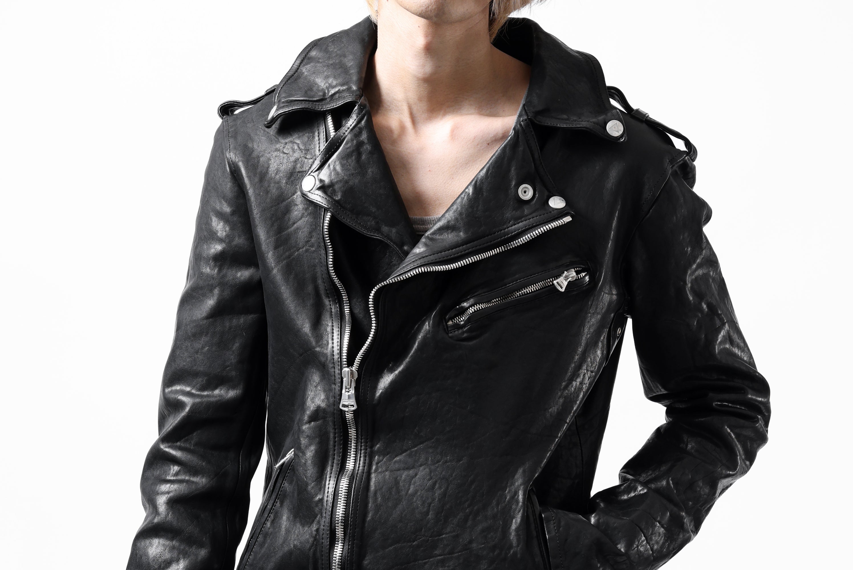 isamu katayama backlash パンチングレザーシャツ 黒 ISAMU KATAYAMA BACKLASH REVERSE LEATHER SHIRT / DOUBLE DYED