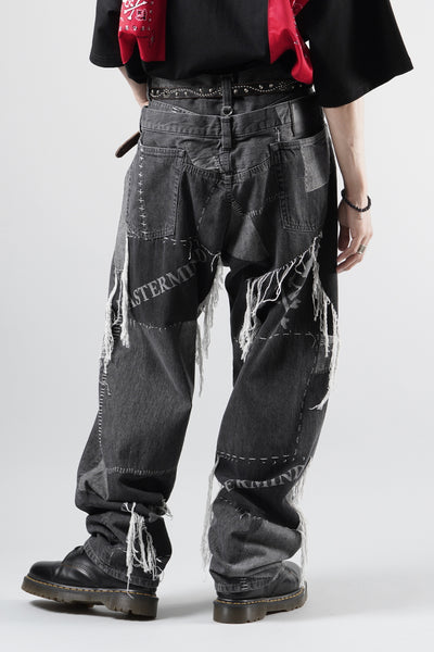 MASTERMIND WORLD PATCHWORK JACQUARD STRAIGHT DENIM PANTS (BLACK)