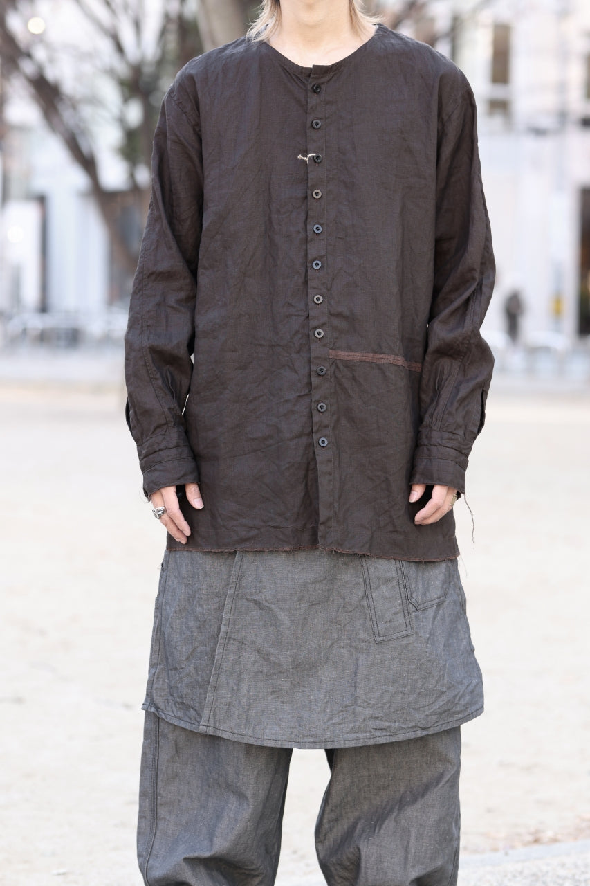 KLASICA "SH-044" SPLIT RAGLAN COLLAR LESS SHIRTS / BENGARA & SUMI COATED LINEN (BENGARA)