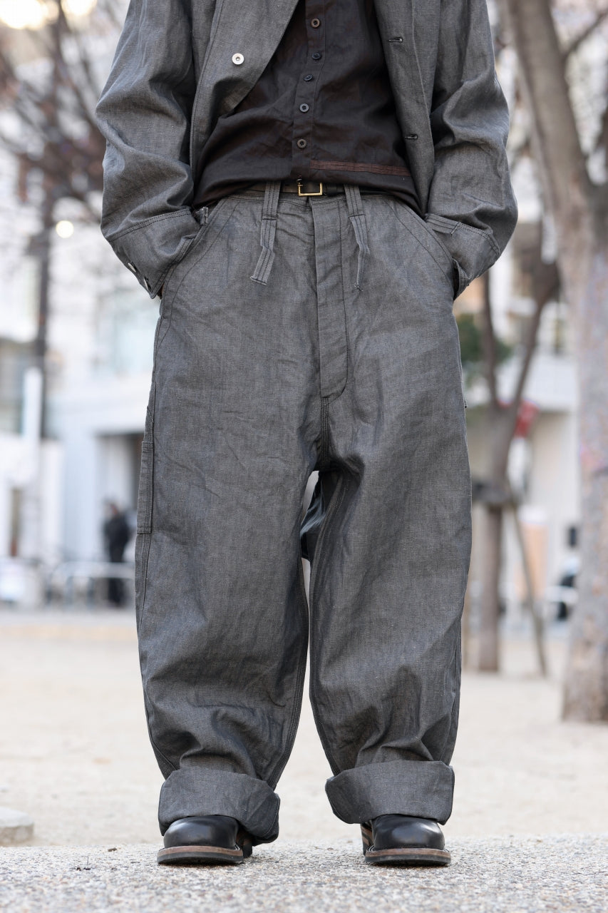 KLASICA "ROCKWELL" LOW CLOTCH APRON WORKER PANTS / 9.7oz COTTON x LINEN CHAMBRAY (GRAY DENIM)