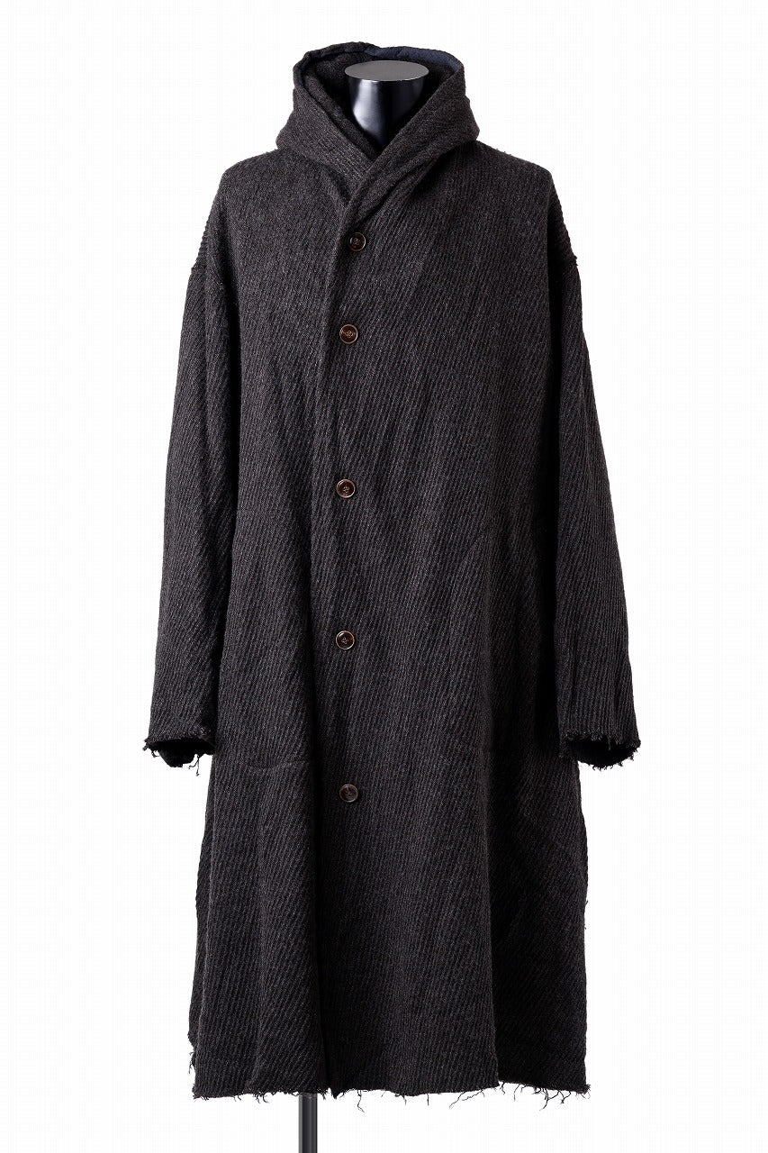 YUTA MATSUOKA hoodie gown coat / wool linen kersey (dark brown)