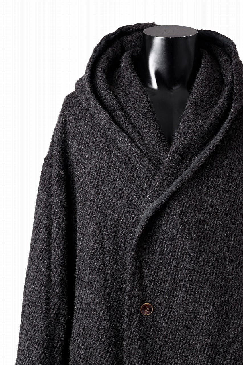 YUTA MATSUOKA hoodie gown coat / wool linen kersey (dark brown)