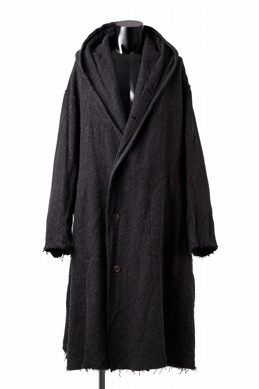 YUTA MATSUOKA hoodie gown coat / wool linen kersey (dark brown)