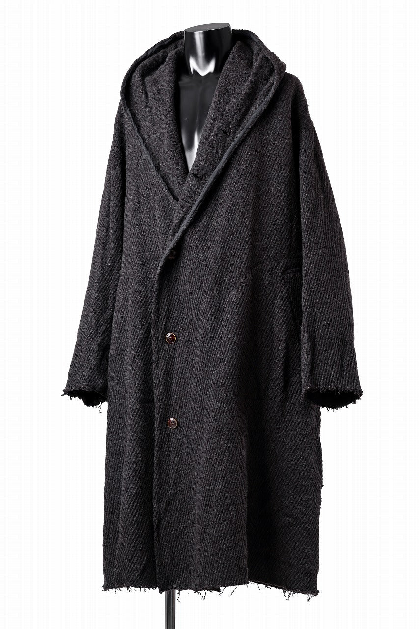 YUTA MATSUOKA hoodie gown coat / wool linen kersey (dark brown)