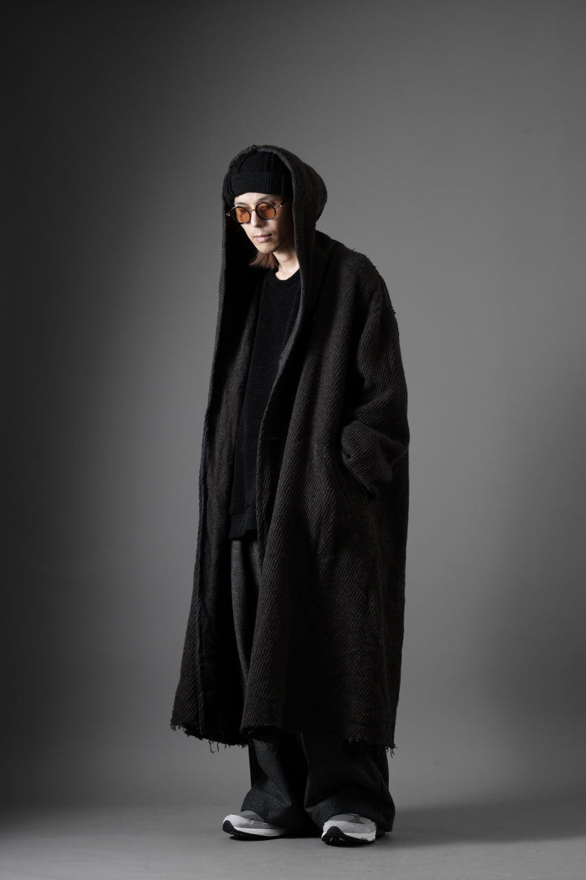 YUTA MATSUOKA hoodie gown coat / wool linen kersey (dark brown)