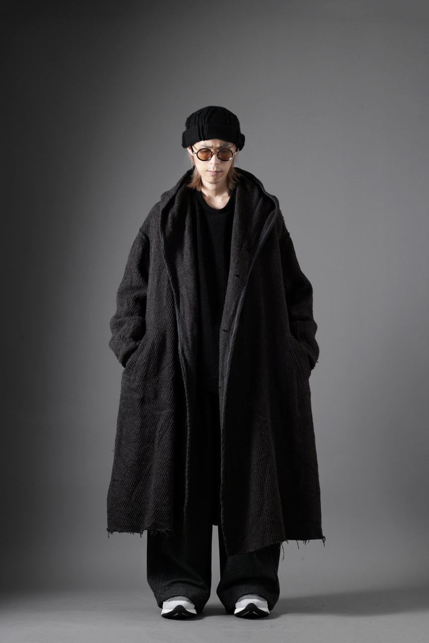 YUTA MATSUOKA hoodie gown coat / wool linen kersey (dark brown)