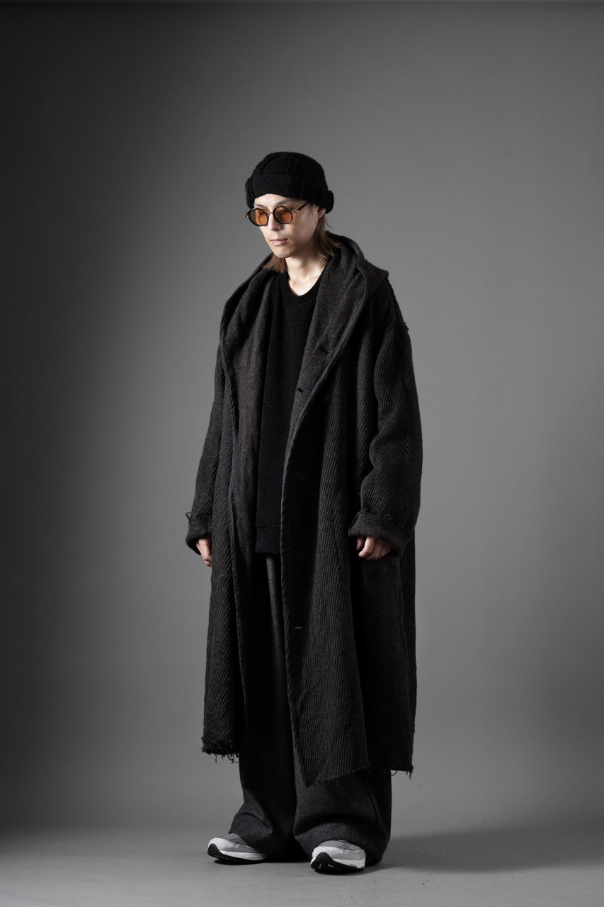 YUTA MATSUOKA hoodie gown coat / wool linen kersey (dark brown)