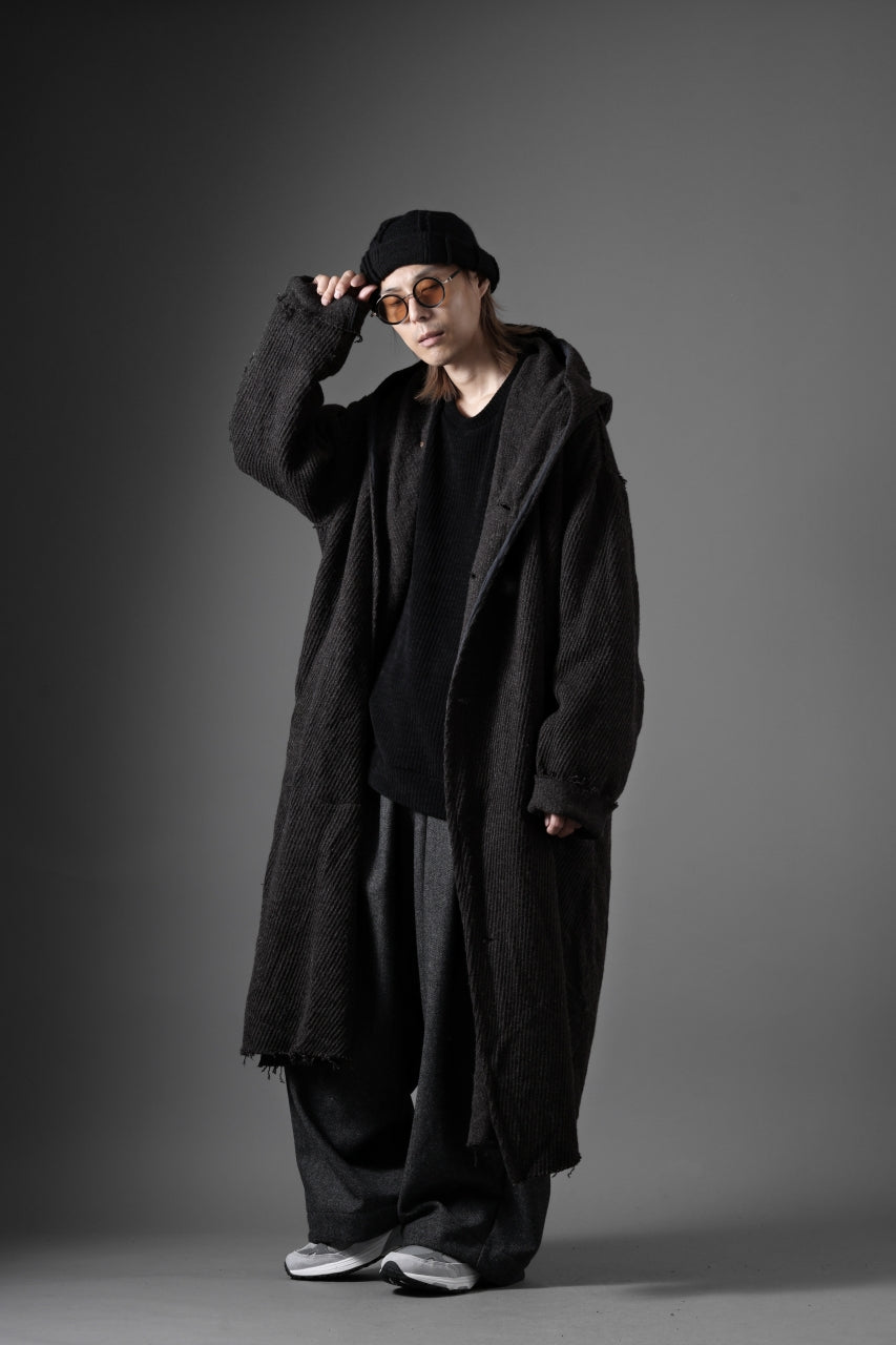 YUTA MATSUOKA hoodie gown coat / wool linen kersey (dark brown)