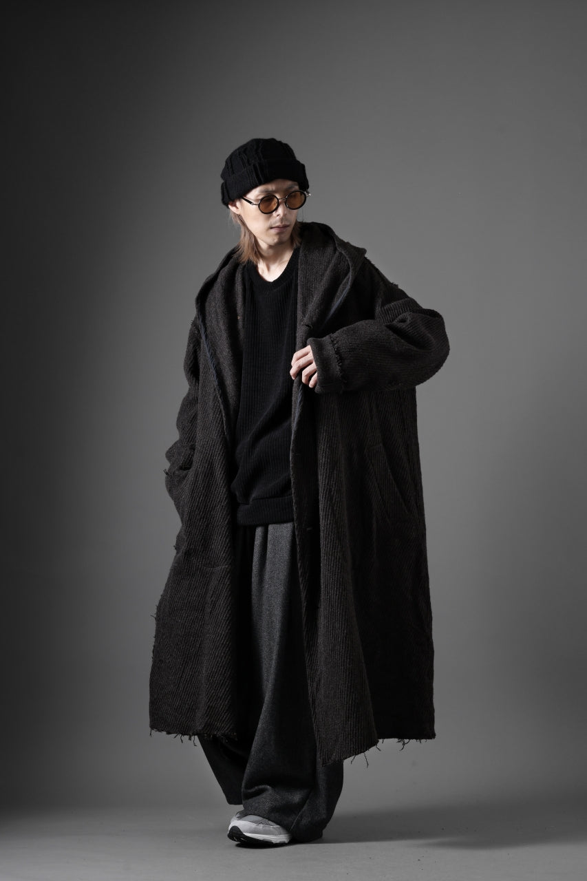 YUTA MATSUOKA hoodie gown coat / wool linen kersey (dark brown)