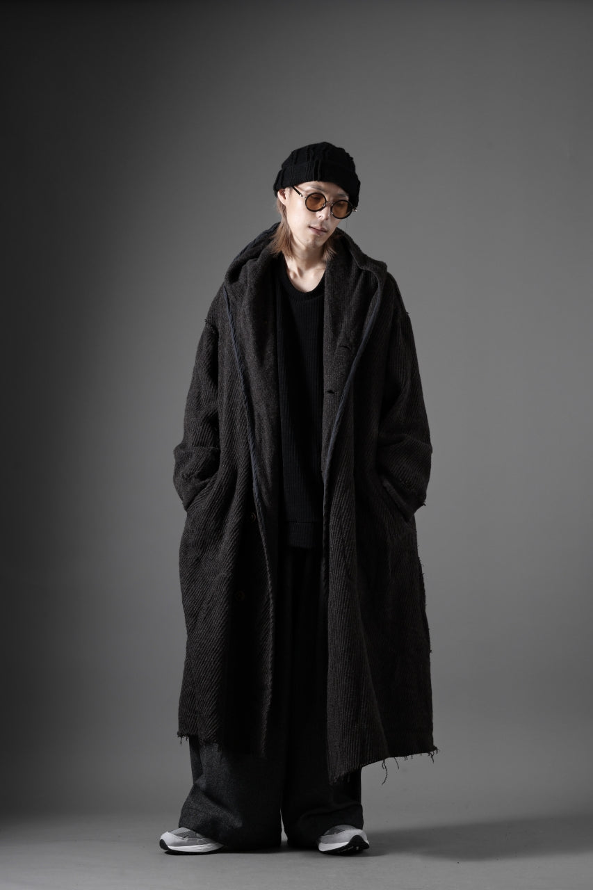 YUTA MATSUOKA hoodie gown coat / wool linen kersey (dark brown)