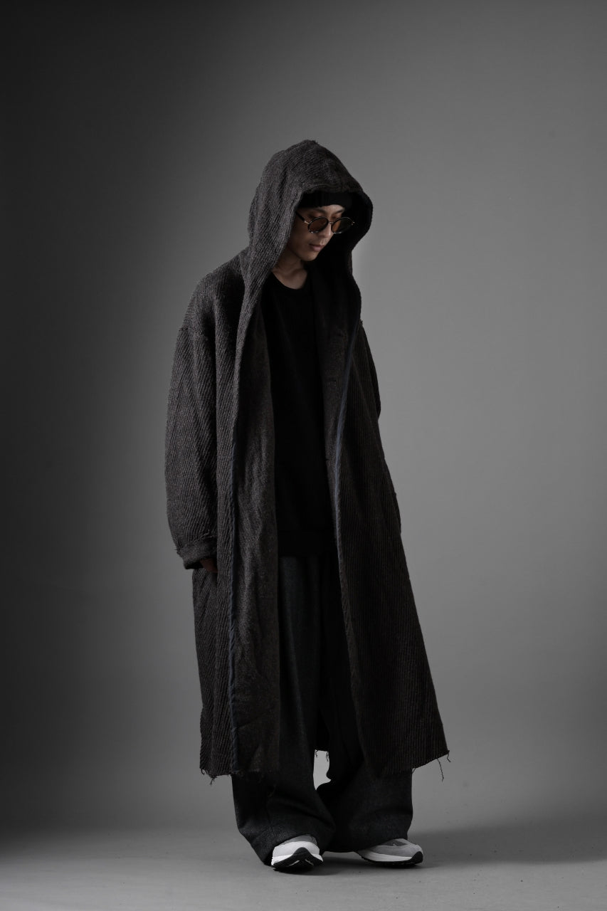 YUTA MATSUOKA hoodie gown coat / wool linen kersey (dark brown)