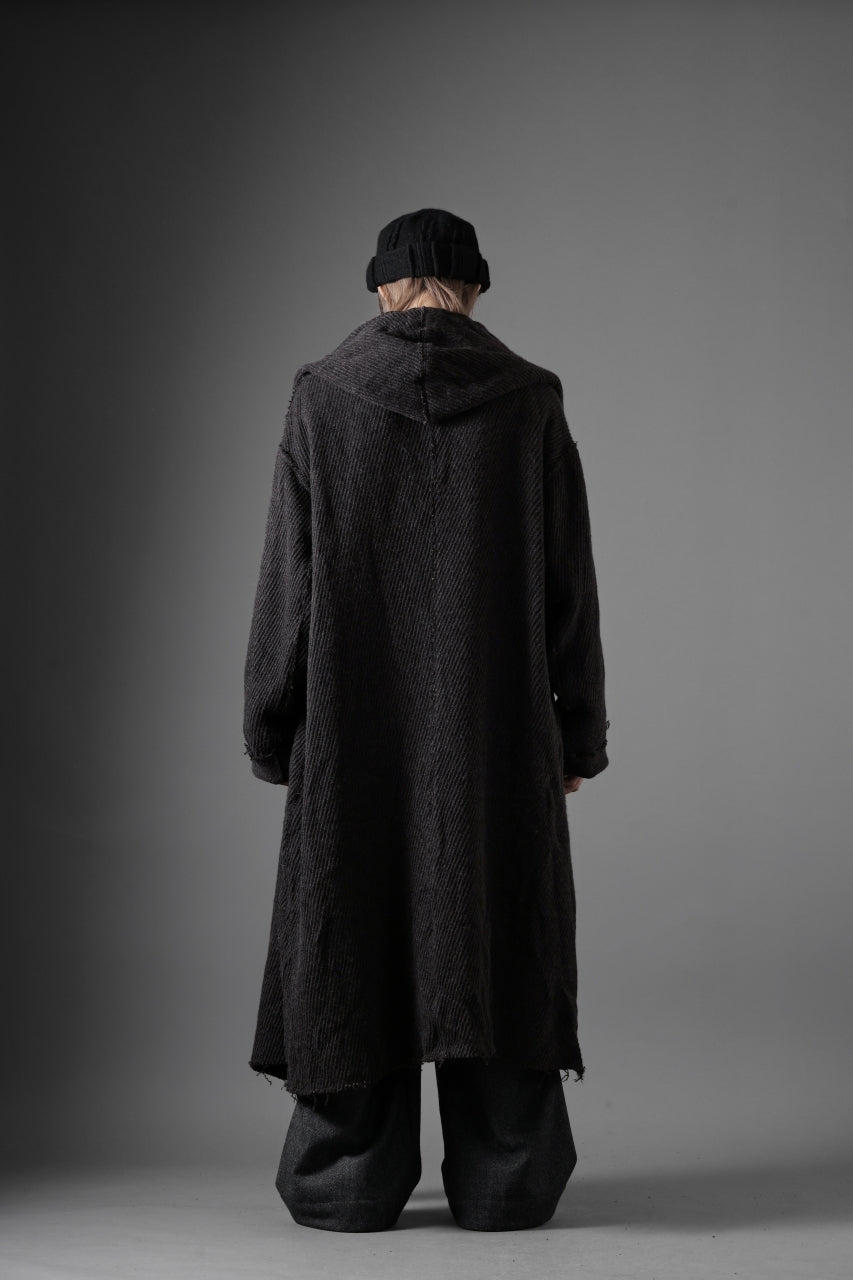 YUTA MATSUOKA hoodie gown coat / wool linen kersey (dark brown)