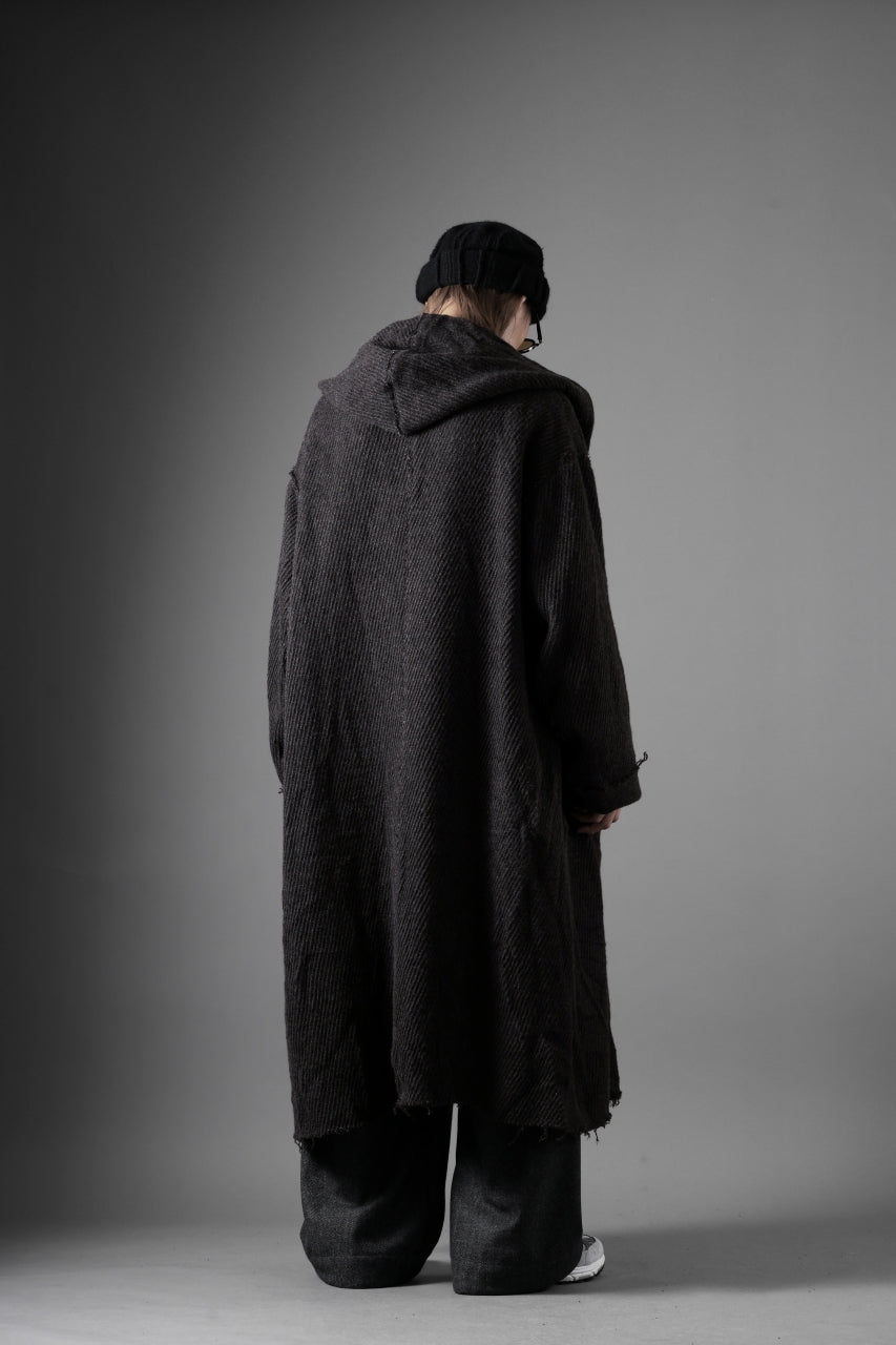 YUTA MATSUOKA hoodie gown coat / wool linen kersey (dark brown)