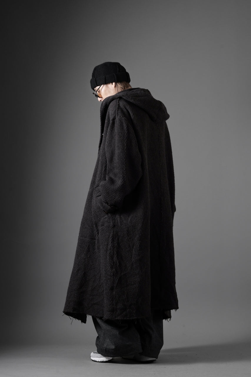 YUTA MATSUOKA hoodie gown coat / wool linen kersey (dark brown)