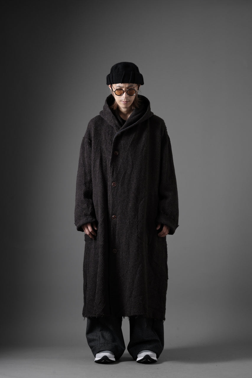 YUTA MATSUOKA hoodie gown coat / wool linen kersey (dark brown)