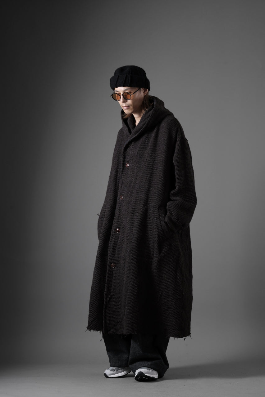 YUTA MATSUOKA hoodie gown coat / wool linen kersey (dark brown)