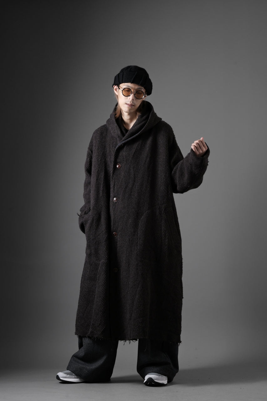 YUTA MATSUOKA hoodie gown coat / wool linen kersey (dark brown)