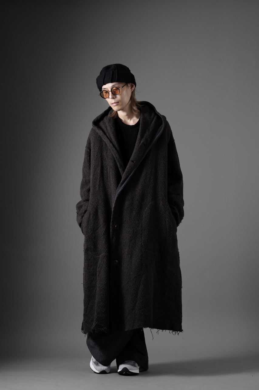 YUTA MATSUOKA hoodie gown coat / wool linen kersey (dark brown)