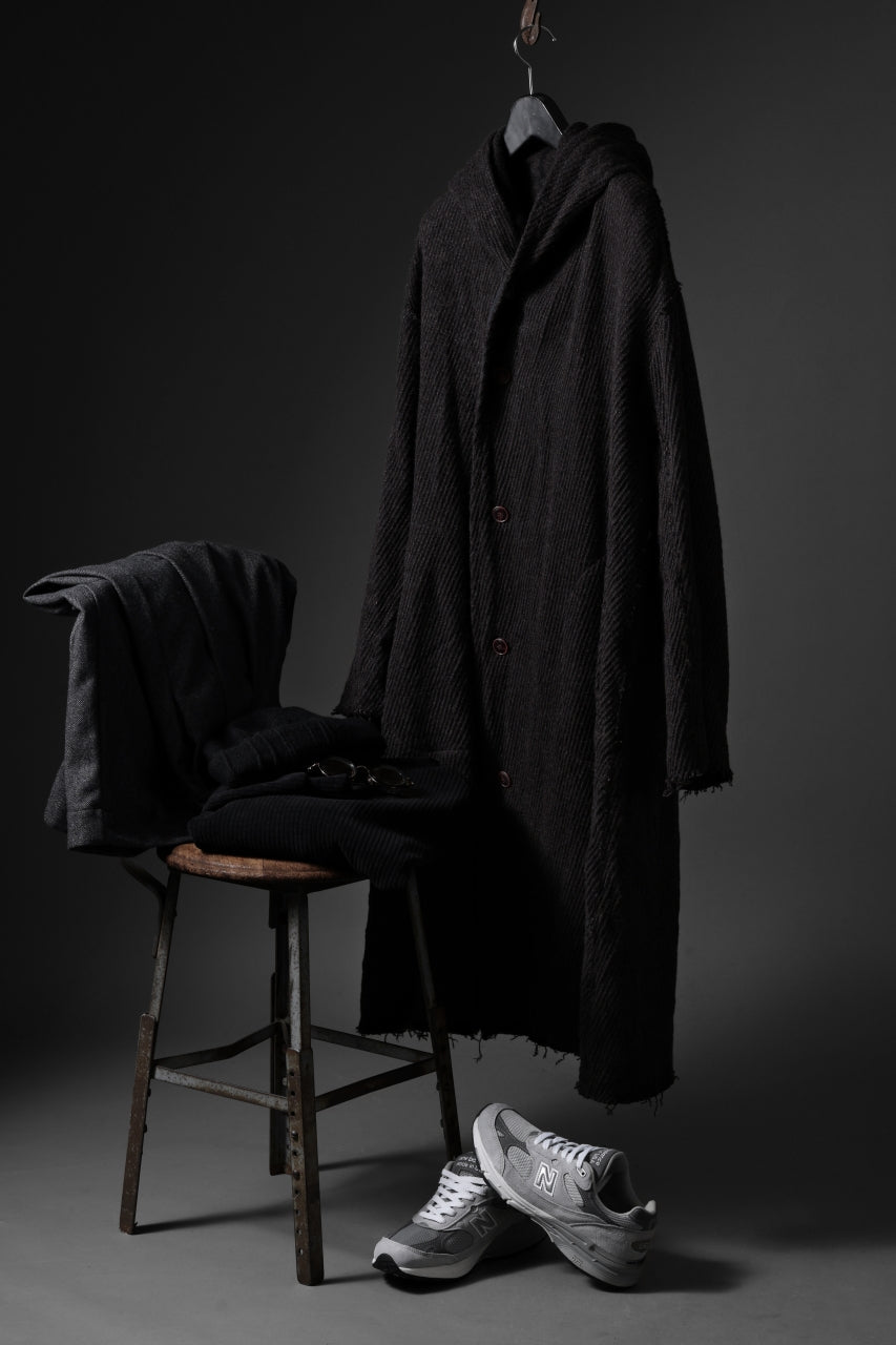 YUTA MATSUOKA hoodie gown coat / wool linen kersey (dark brown)