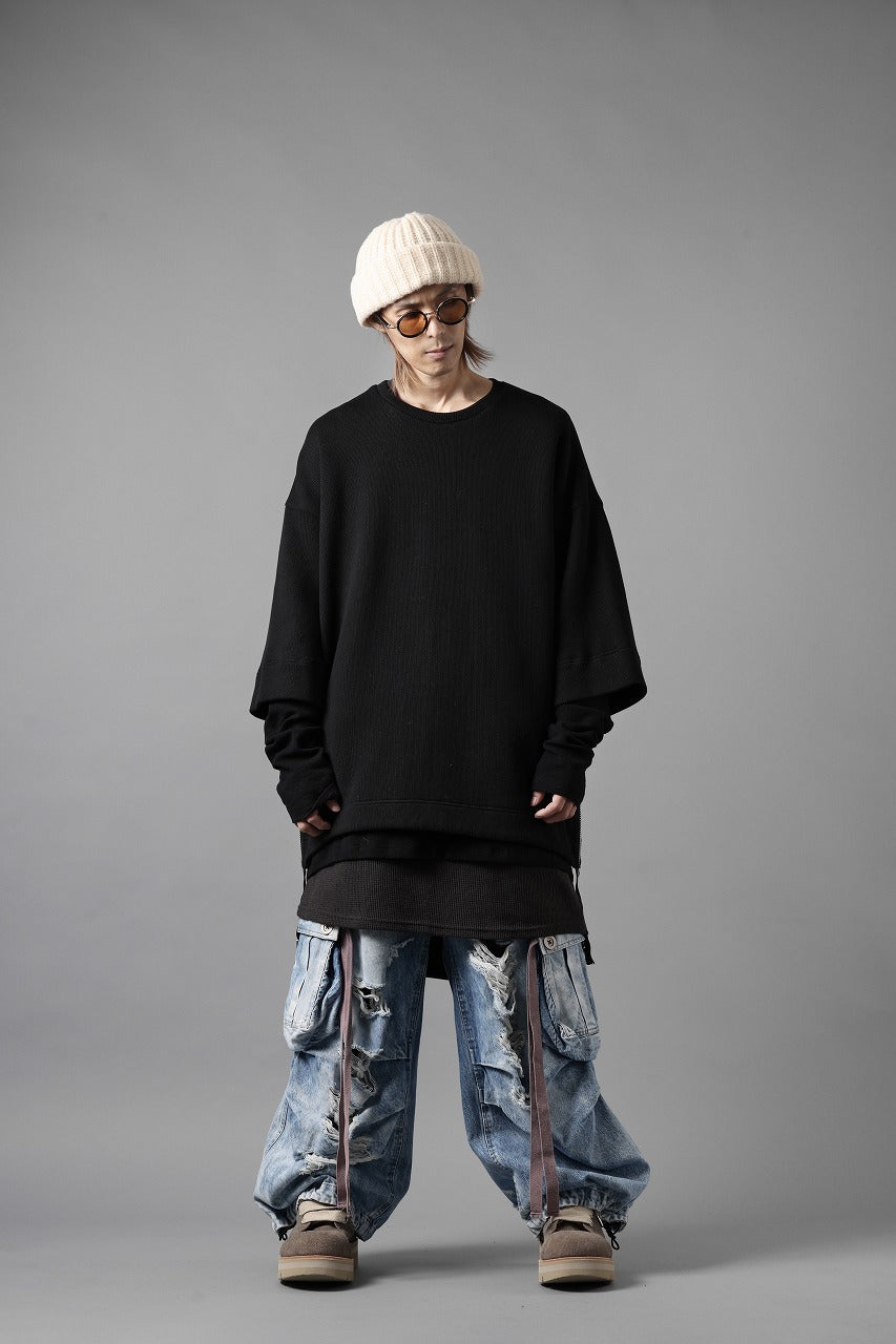 Load image into Gallery viewer, A.F ARTEFACT SIDE ZIP LAYERED PULLOVER / RIB KNIT JERSEY (BLACK)