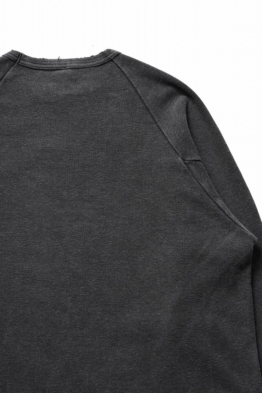 sus-sous raglan L/S tee / dyed & damaged waffle 3/4 Cotton Linen (BLACK)