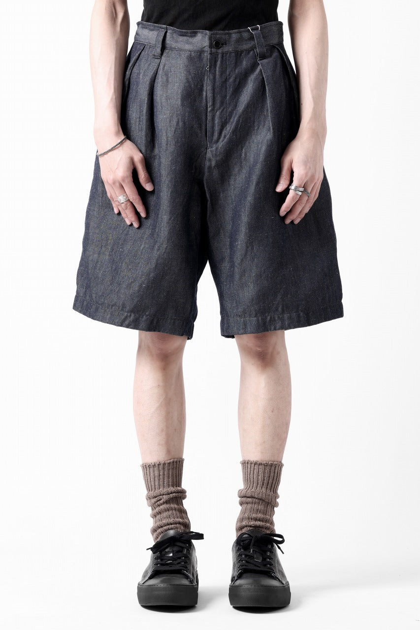 CAPERTICA 2-TUCK WIDE SHORTS / WASHABLE WOOL x LINEN GABARDINE (DARK NAVY)